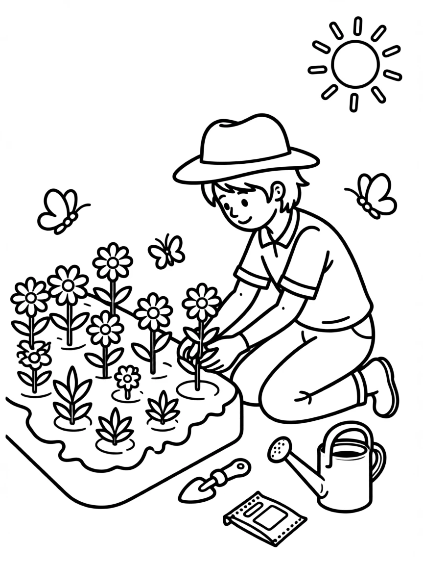 A gardener planting flowers in a garden