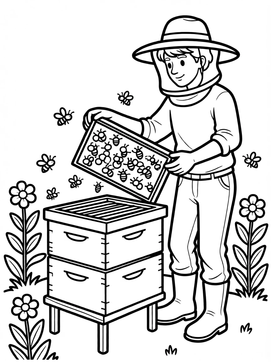 A beekeeper tending to beehives