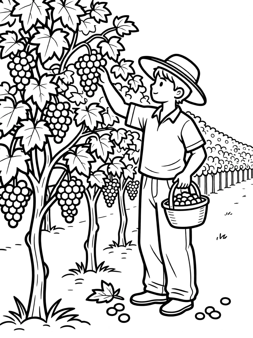 A vineyard worker harvesting grapes