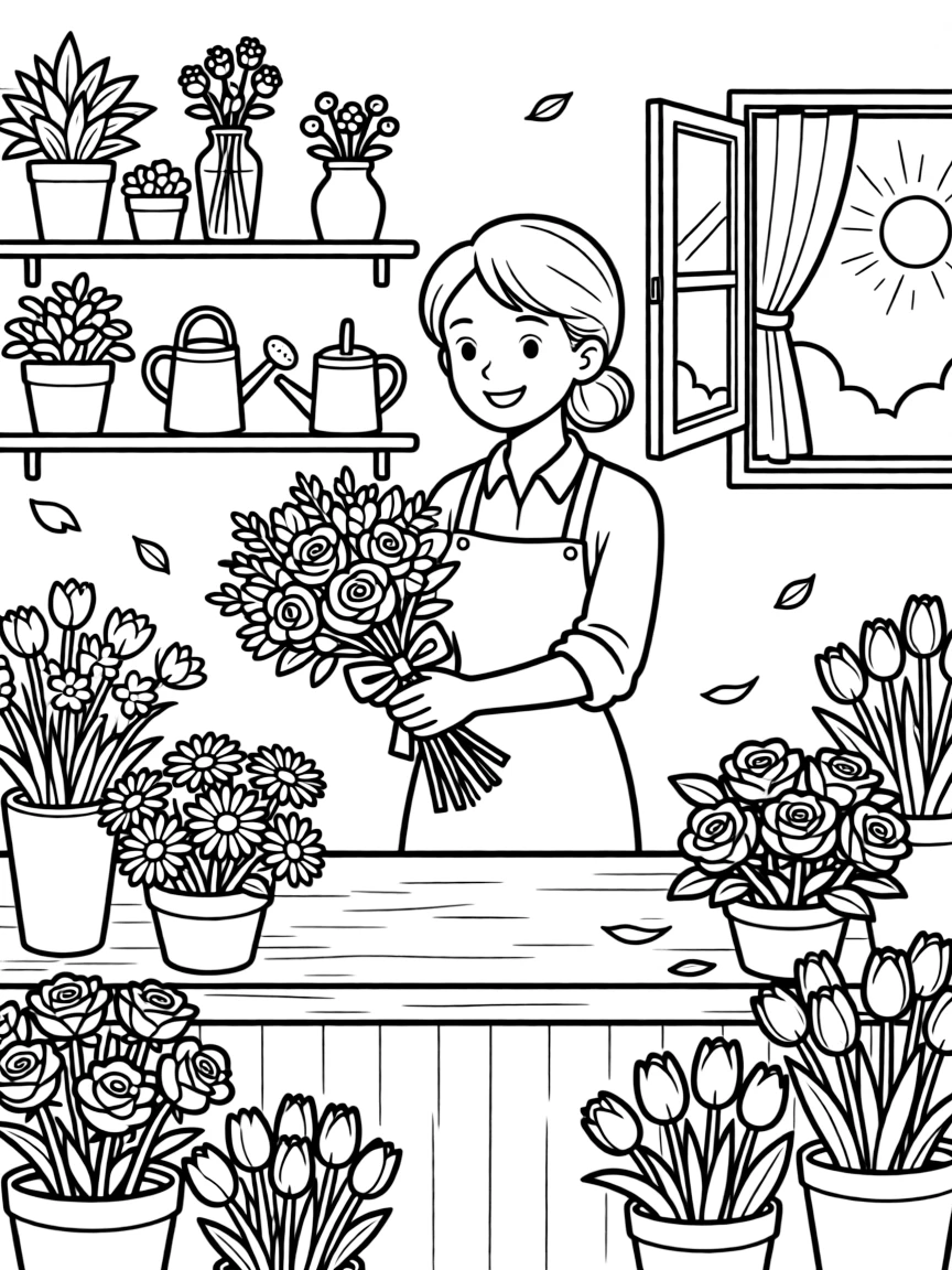 A flower shop owner arranging a bouquet