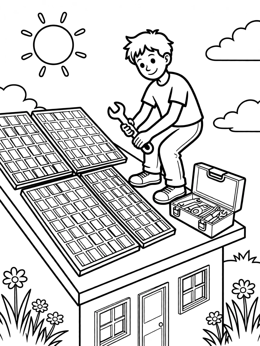A sustainable energy technician installing solar panels