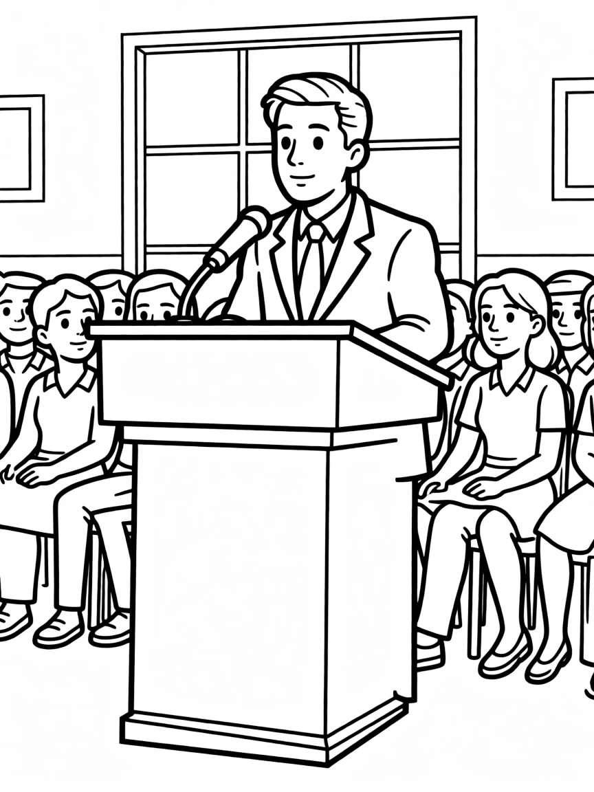 A mayor speaking at a town hall meeting