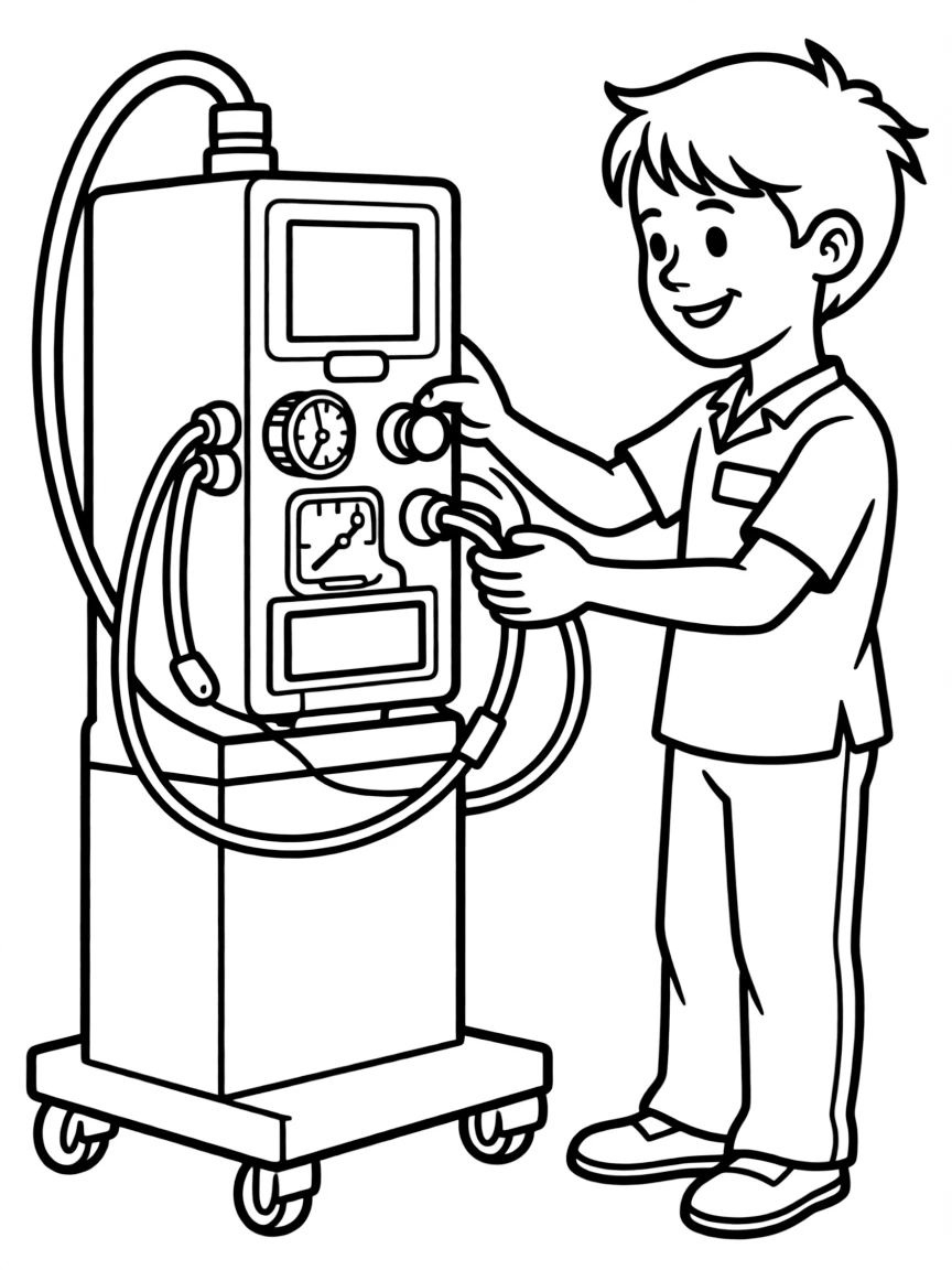 A dialysis technician setting up a dialysis machine