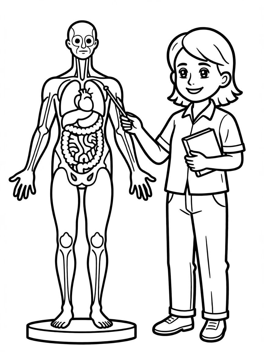 A biology teacher showing a model of the human body