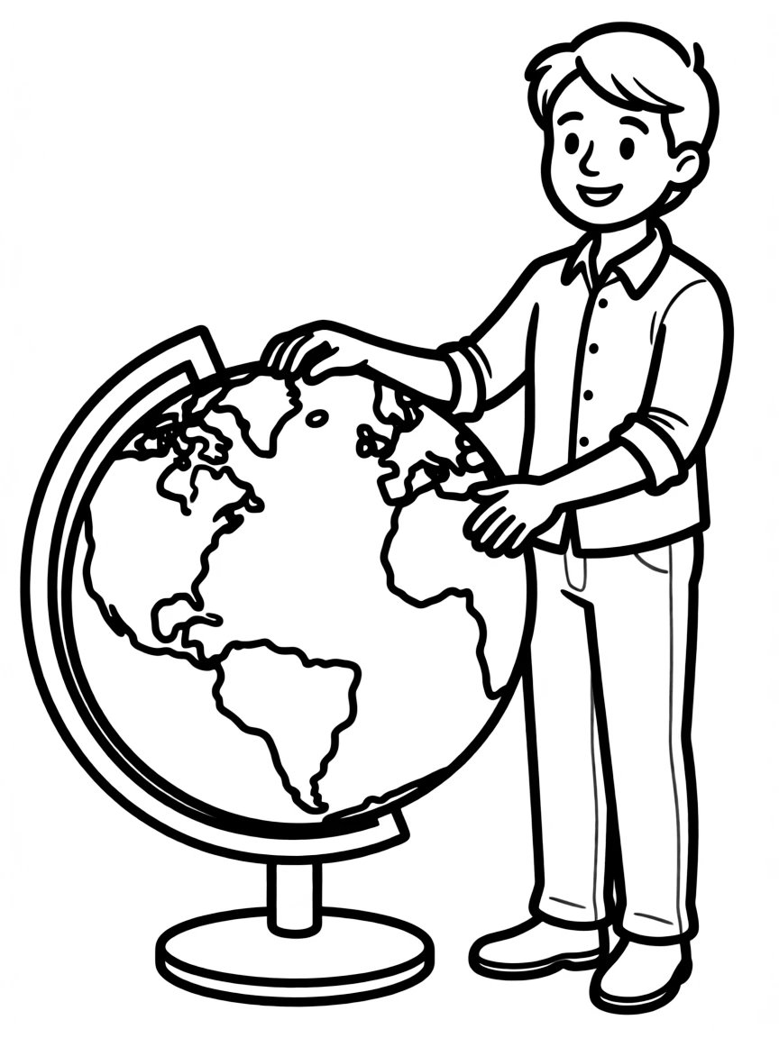 A geography teacher pointing to countries on a globe