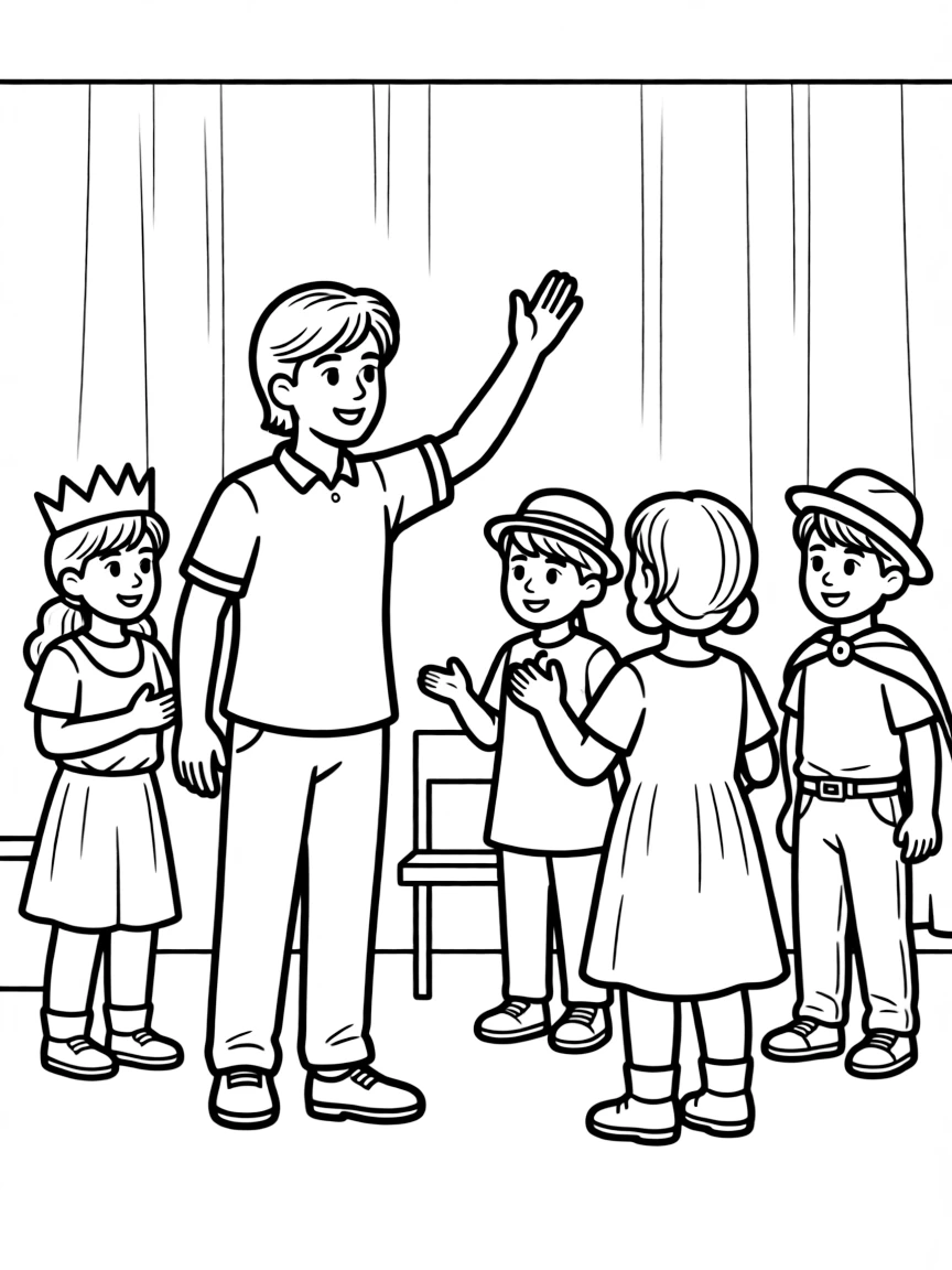 A drama teacher directing students in a play