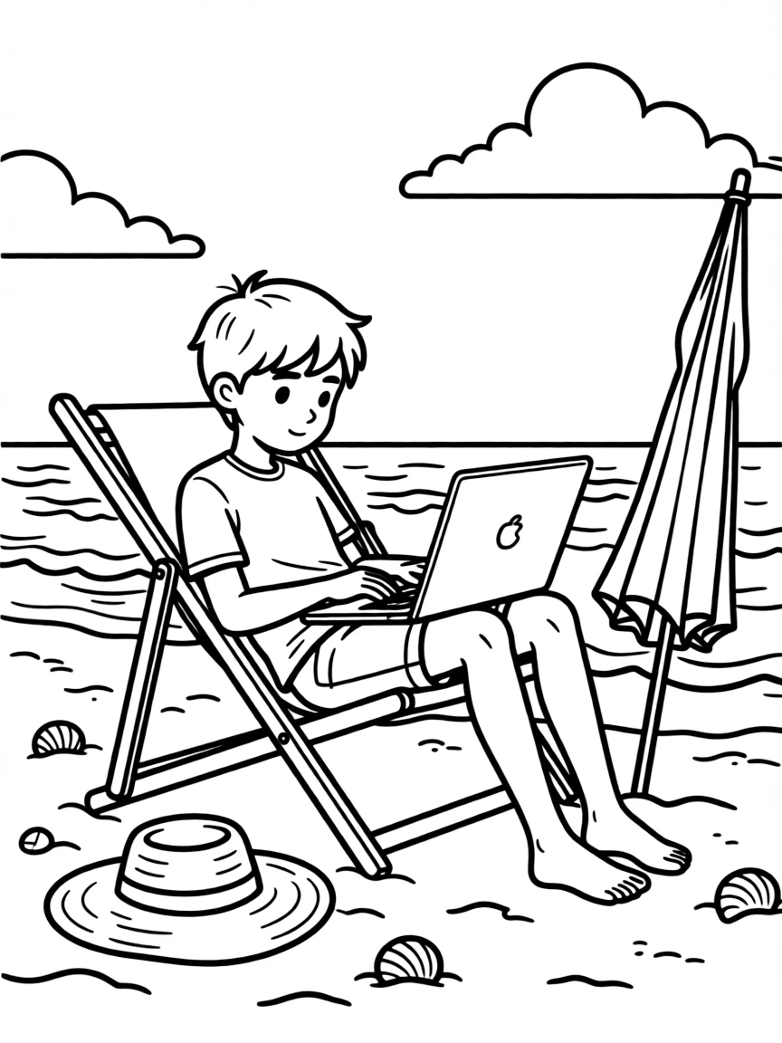 A digital nomad working on a laptop at a beach
