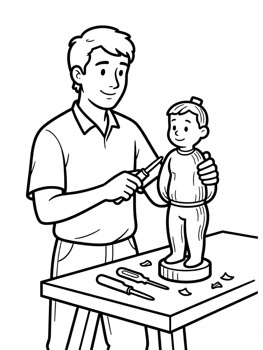 A woodcarver detailing a wooden statue