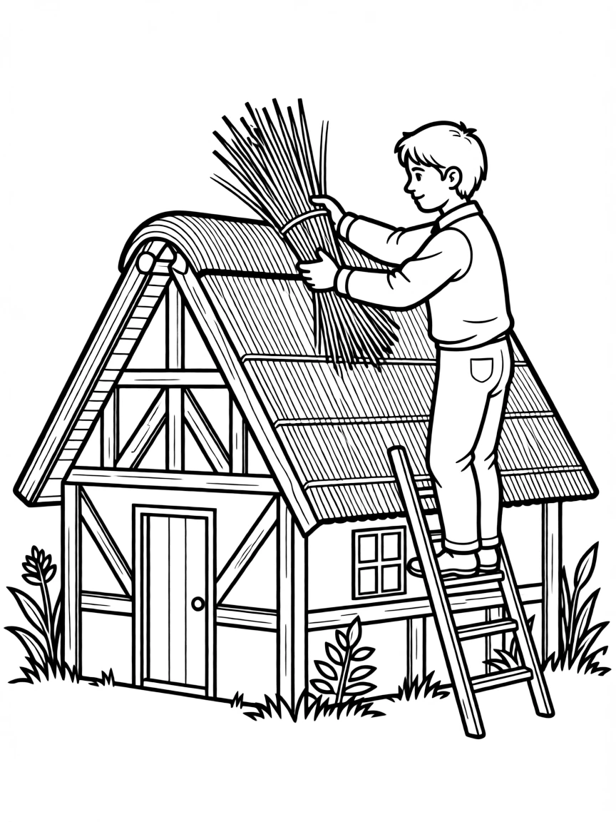 A thatcher applying reed to a cottage roof