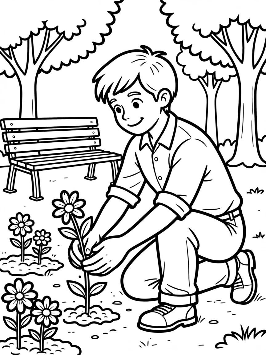 A park maintenance worker planting flowers in a park