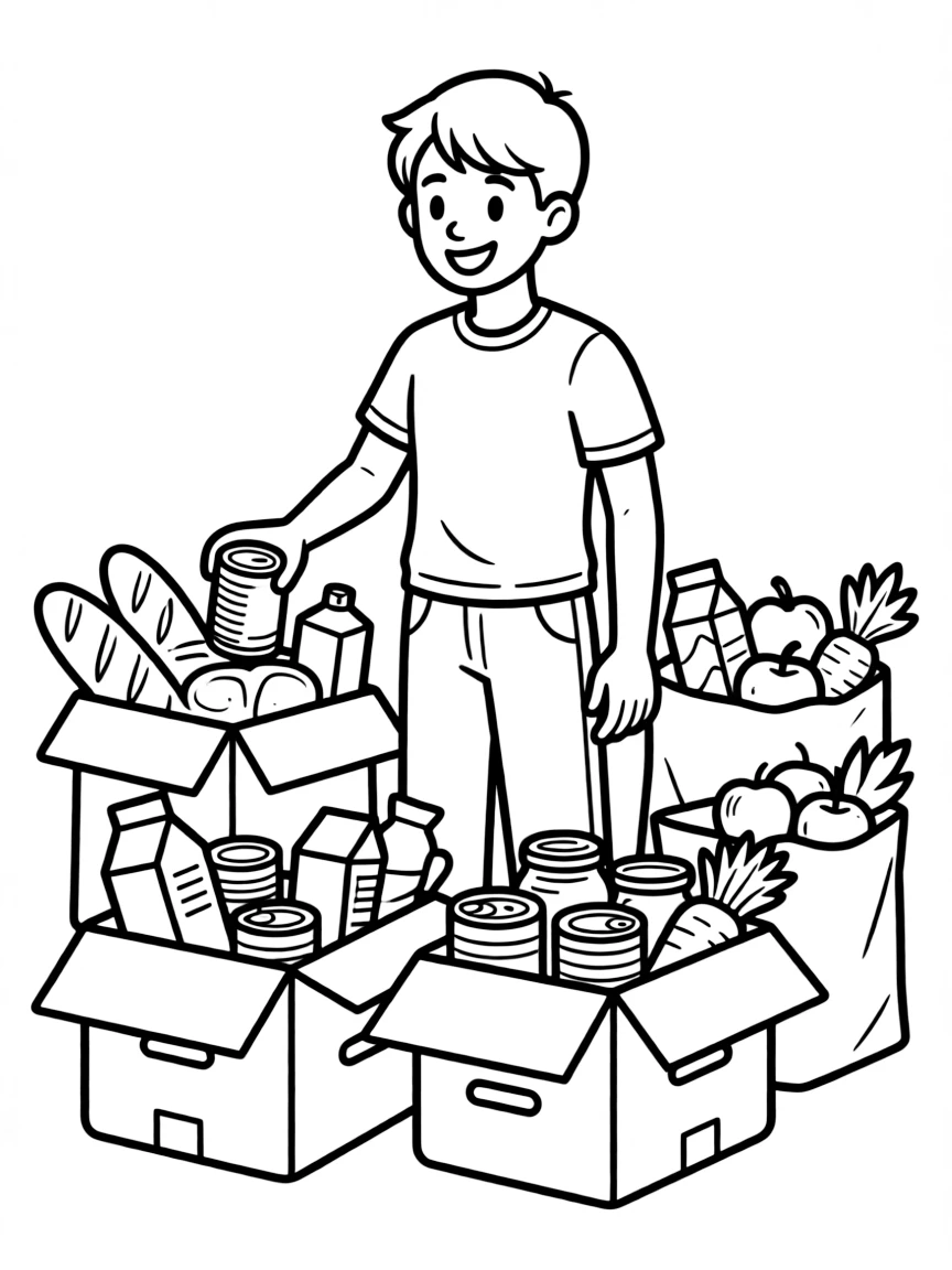 A food bank volunteer sorting donated groceries