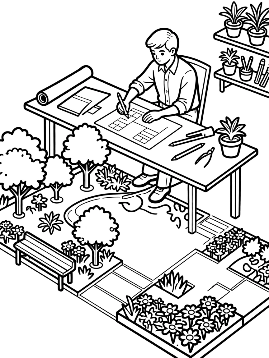 A landscape architect drawing garden plans