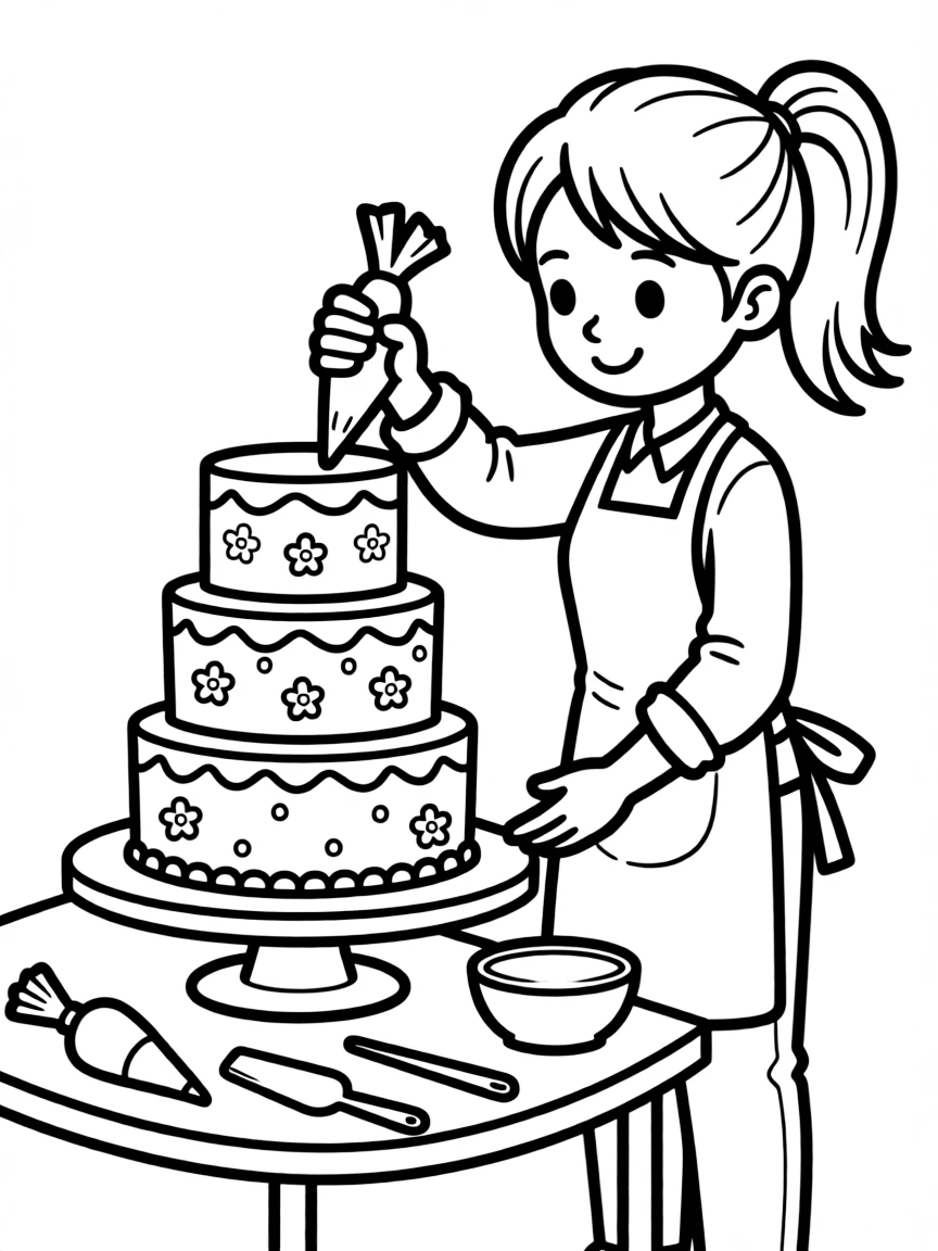 A cake decorator applying icing to a tiered cake