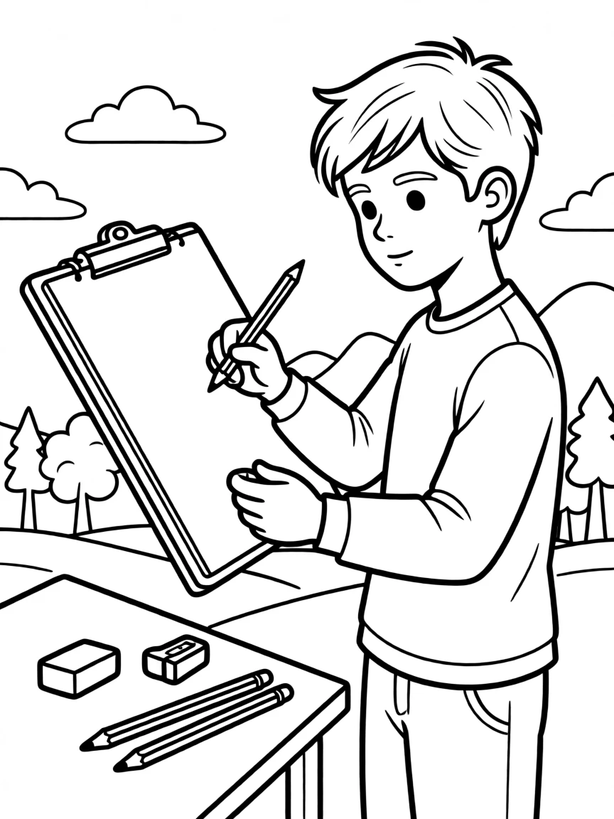 A video game environment artist sketching landscapes