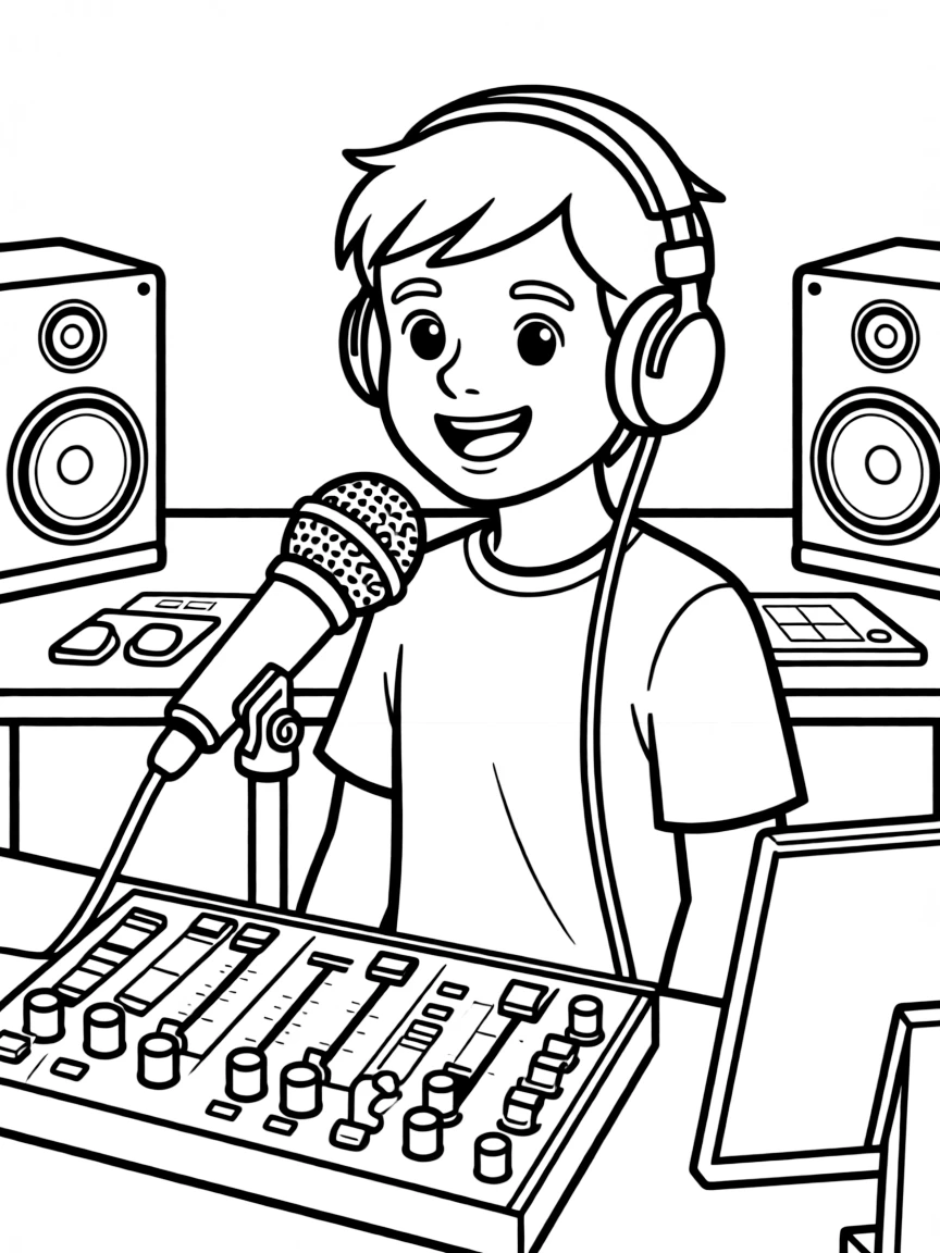 A radio DJ speaking into a microphone in a studio