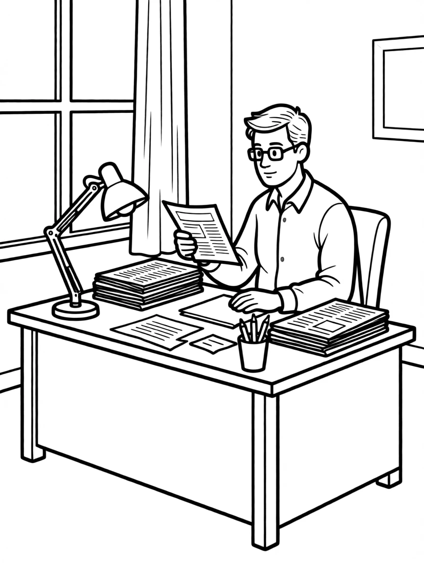 A newspaper editor reviewing articles at a desk