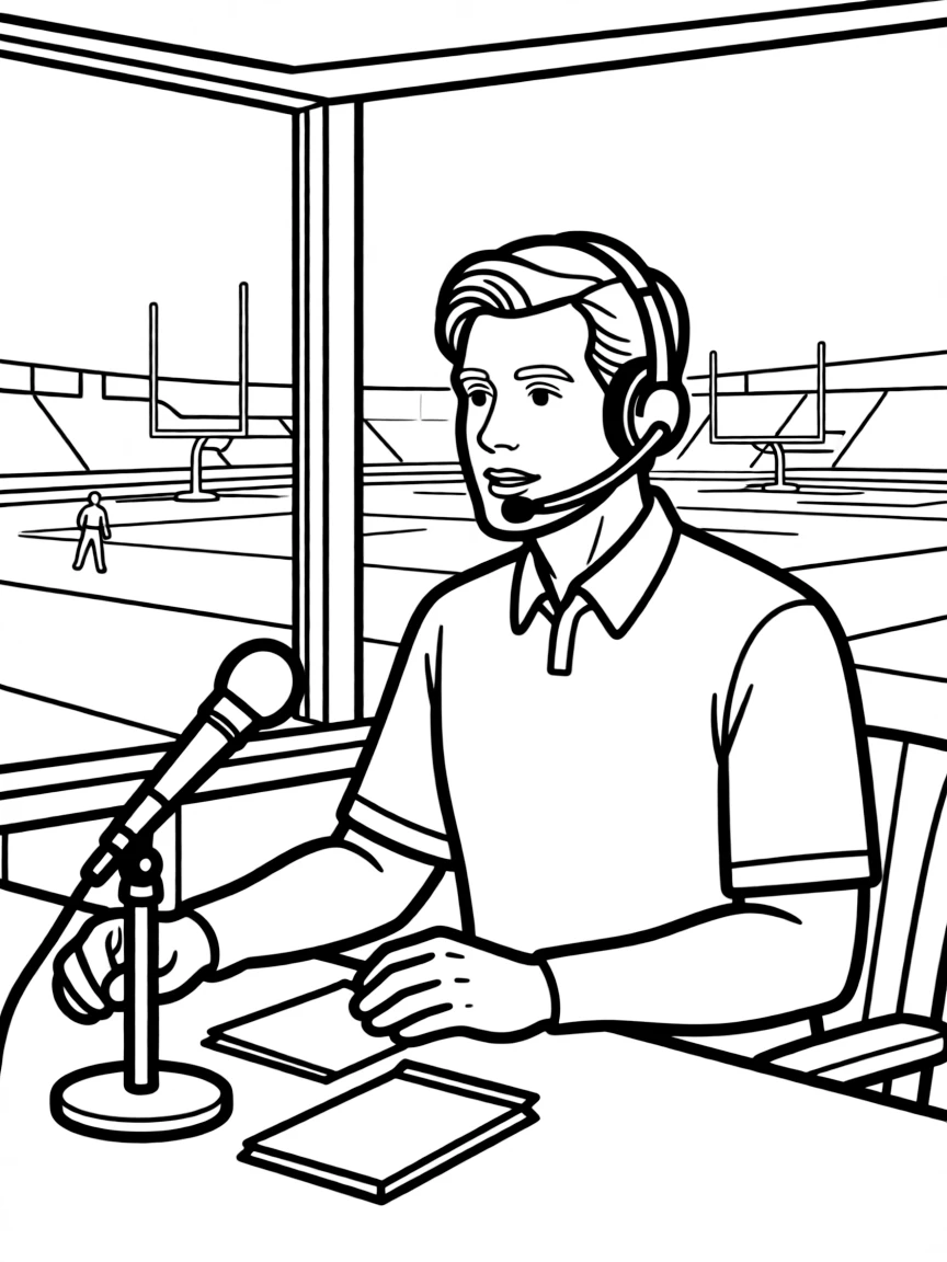 A sports commentator describing a game from a booth