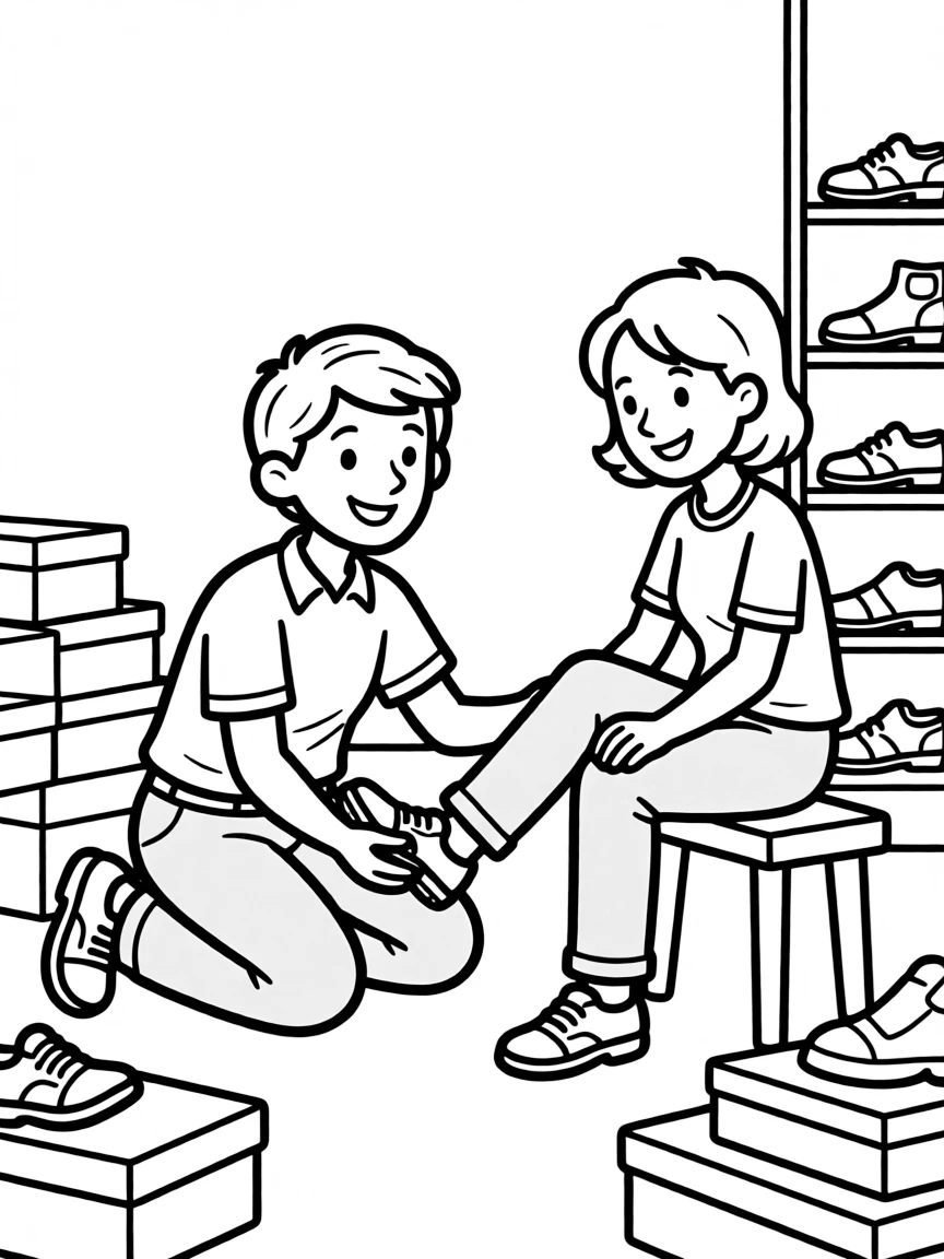 A retail salesperson helping a customer try on shoes