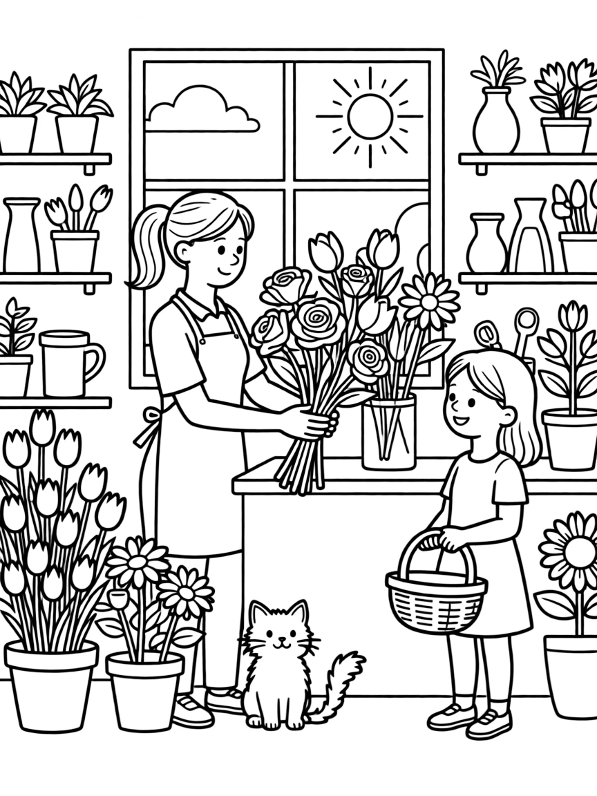 A flower shop owner creating a bouquet for a customer