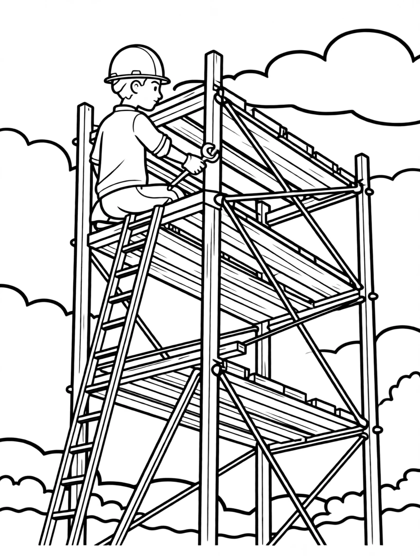 A scaffolding installer securing platforms high above ground