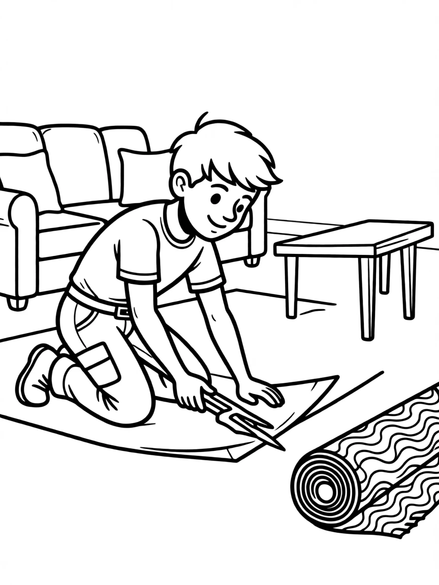 A carpet installer laying carpet in a living room