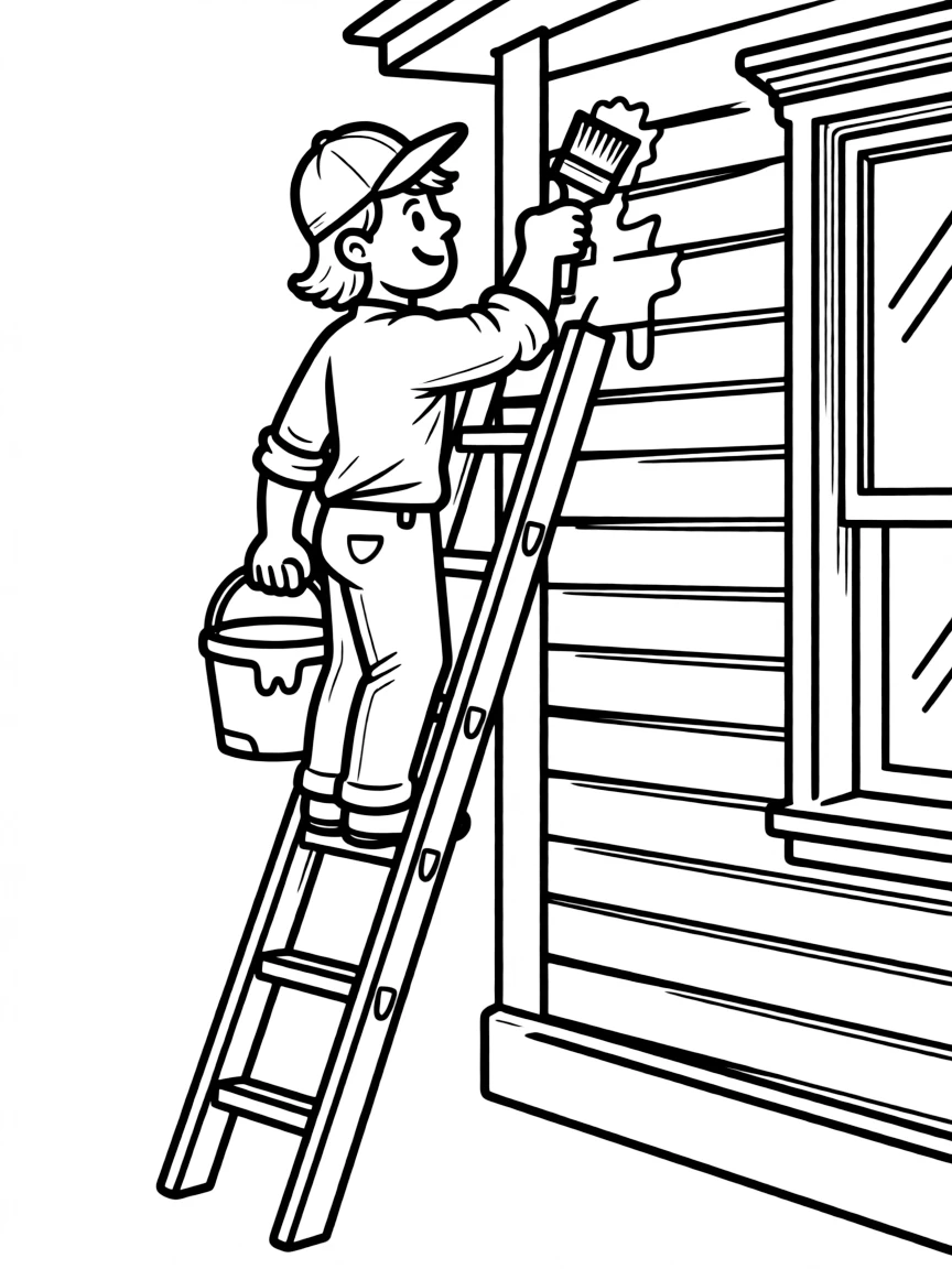 A house painter on a ladder painting exterior trim