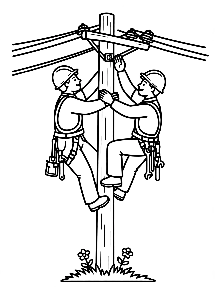 A power line installer climbing a utility pole
