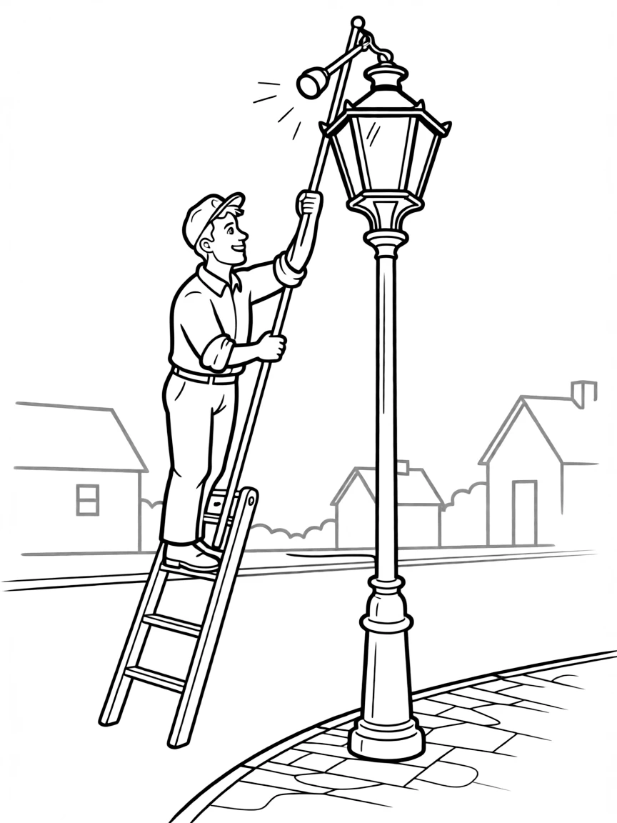 A lamplighter lighting a street lamp at dusk