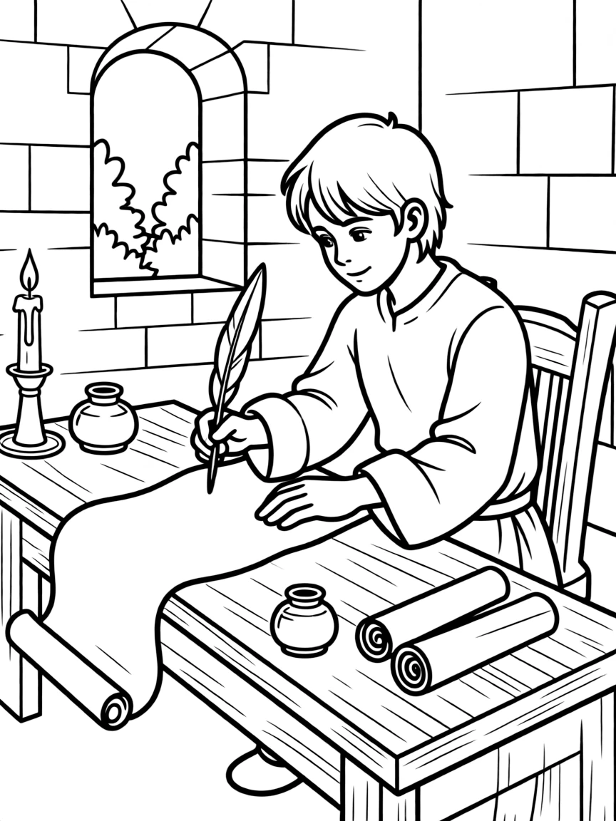A medieval scribe writing with a quill pen