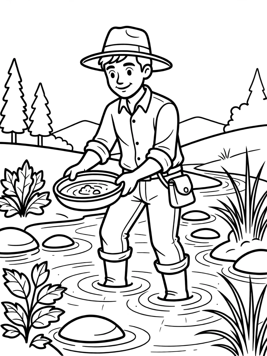A gold prospector panning for gold in a stream