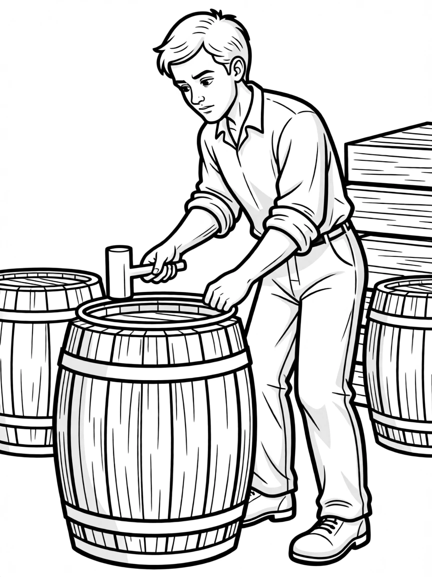 A cooper making wooden barrels with metal hoops