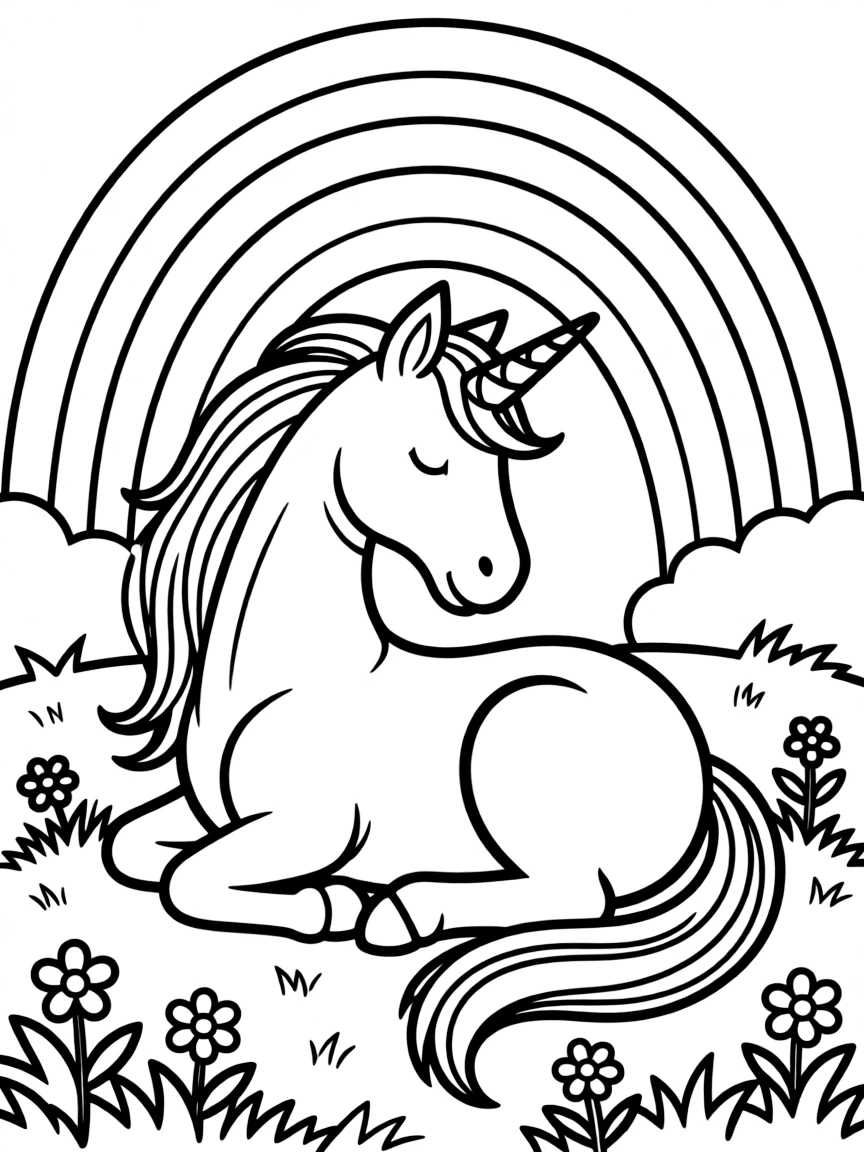 Unicorn resting under a rainbow