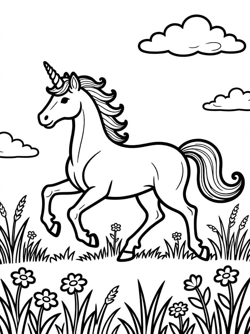 Unicorn galloping through a meadow