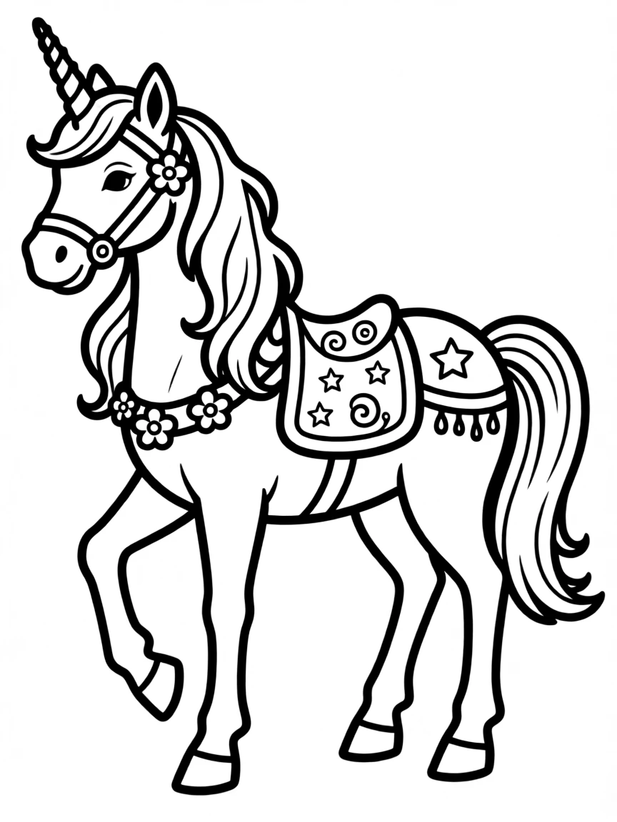Unicorn with decorative saddle and bridle