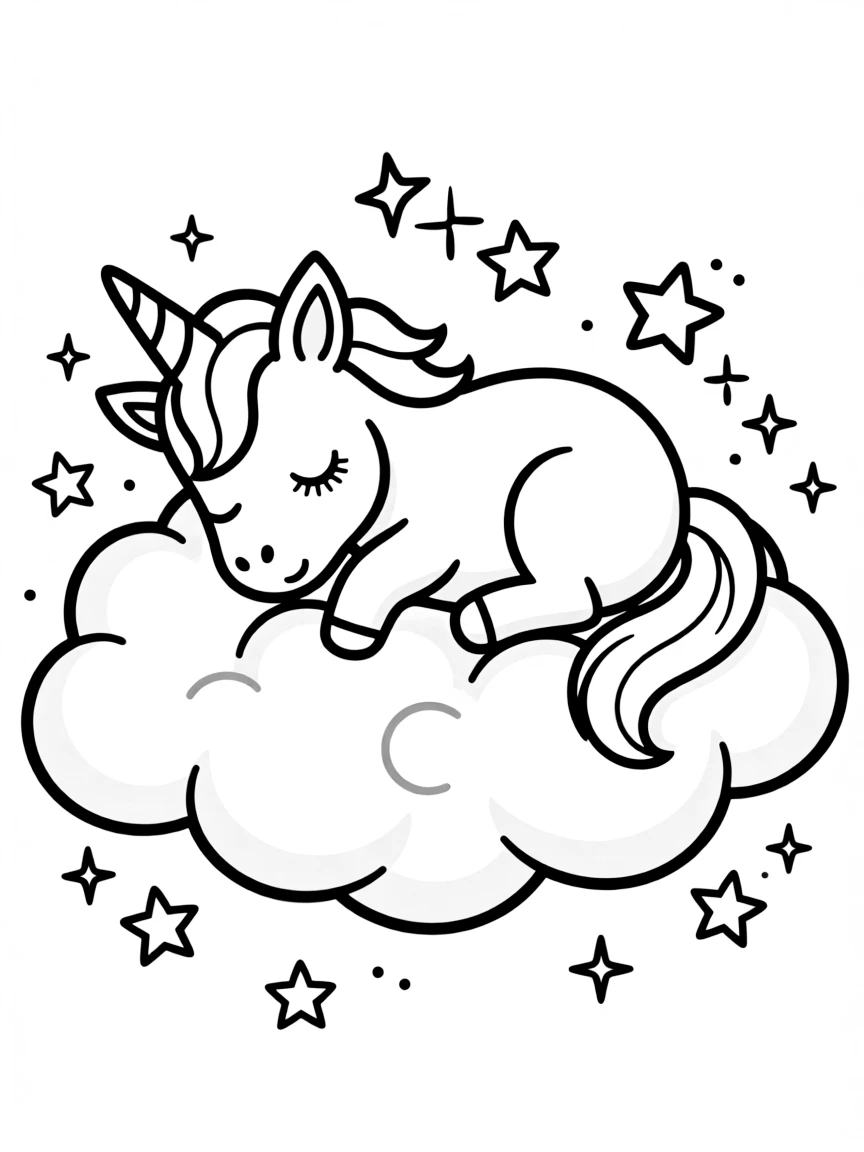 Baby unicorn napping on a cloud