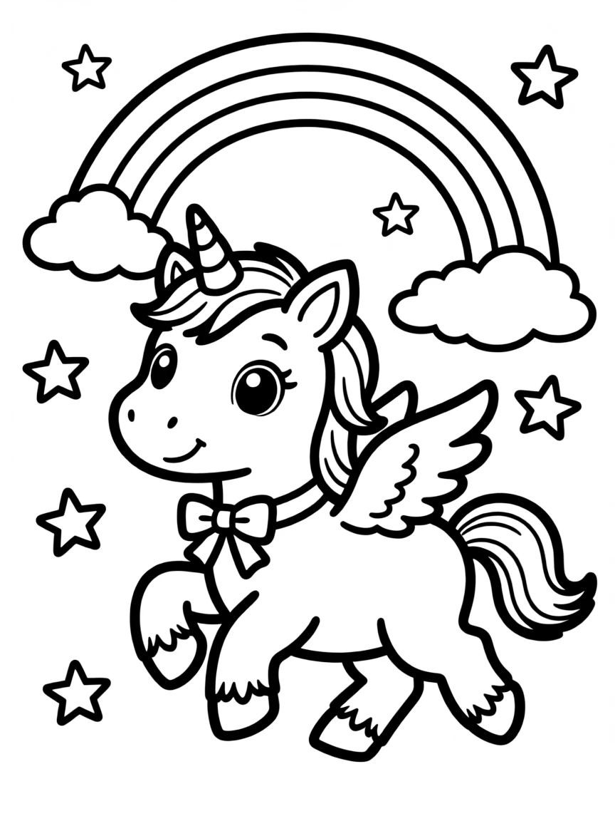Baby unicorn chasing a rainbow