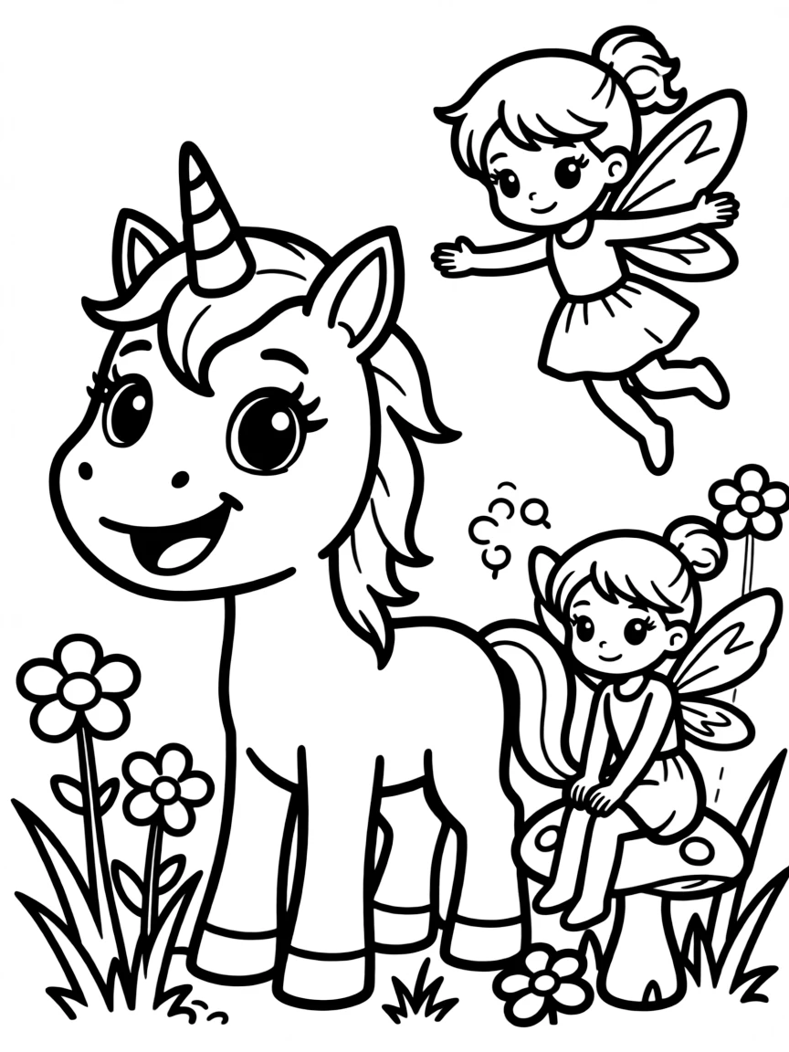 Baby unicorn playing with fairy friends