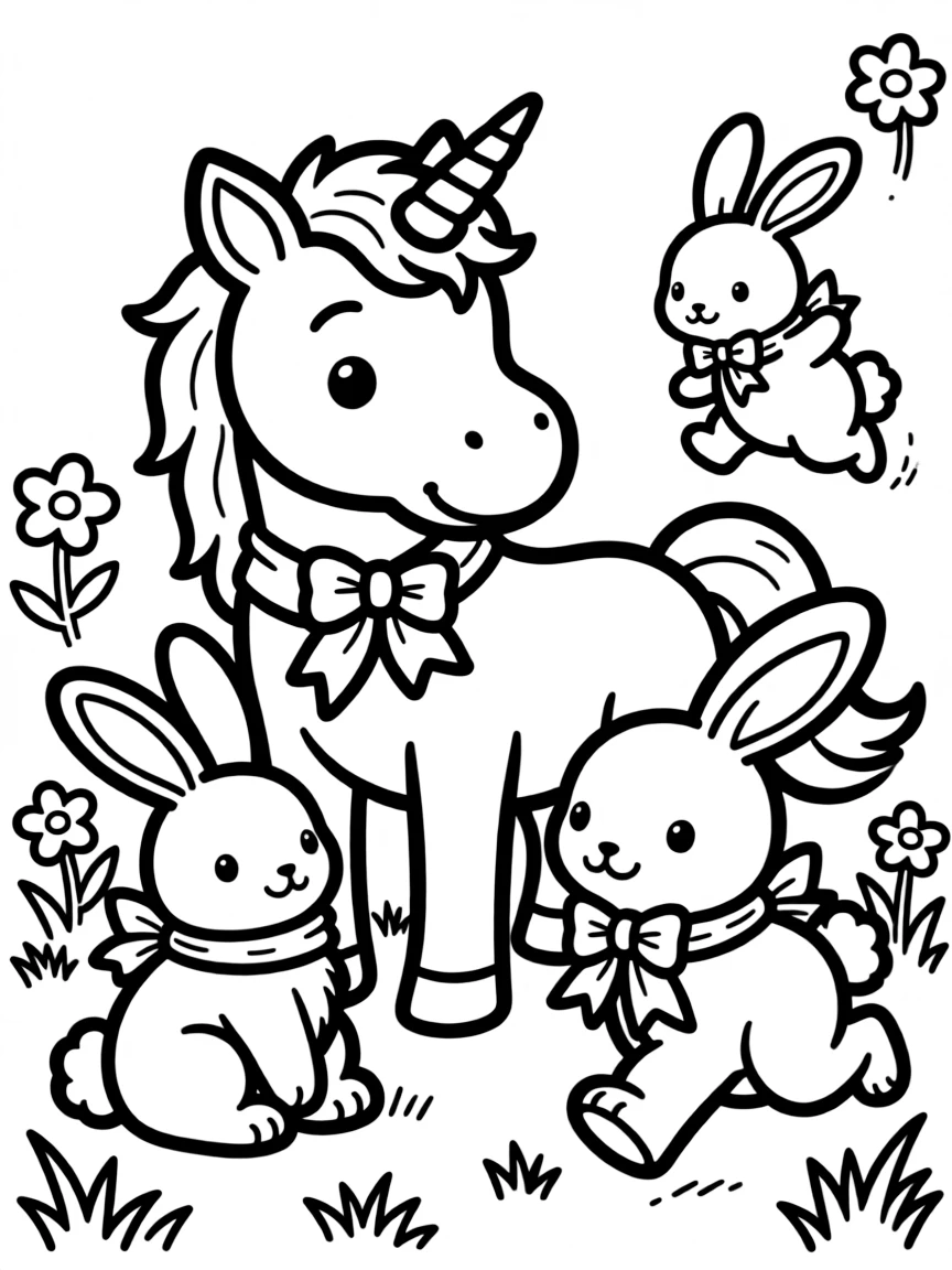 Baby unicorn and bunny friends