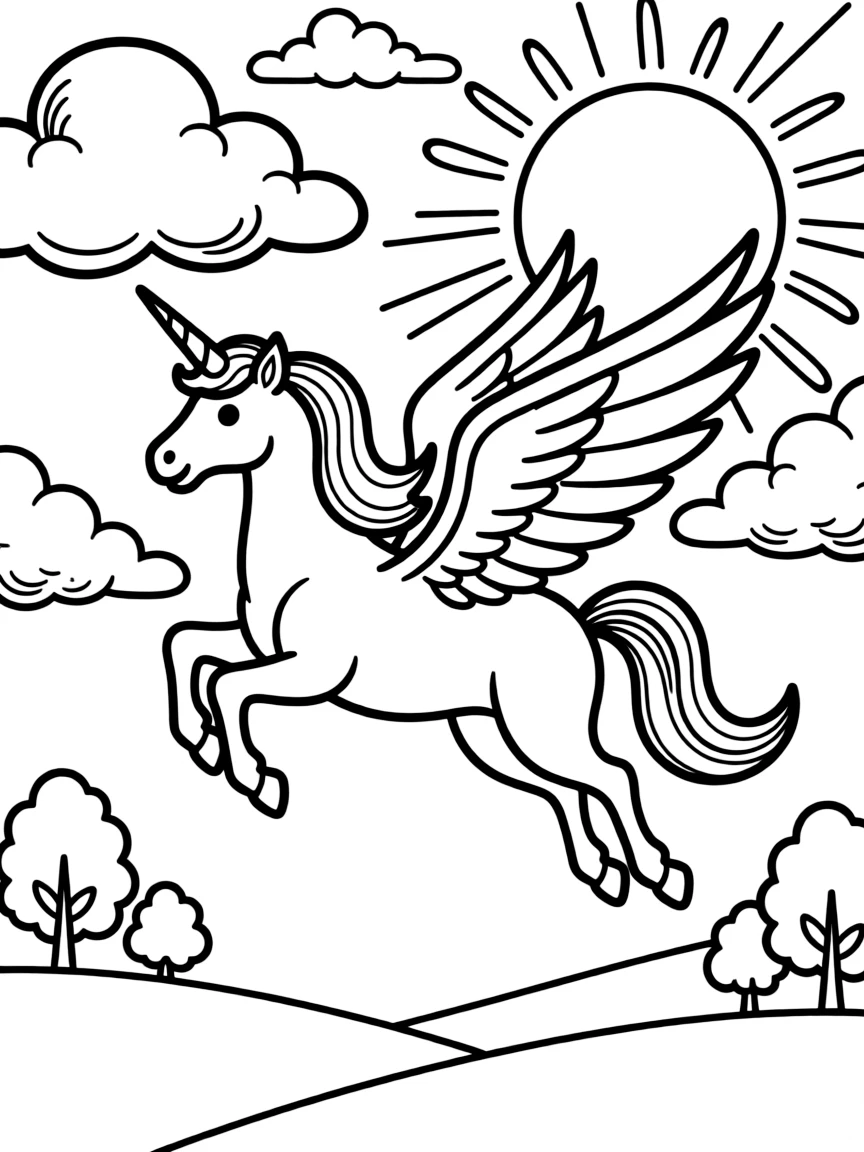 Unicorn flying through a sunset sky