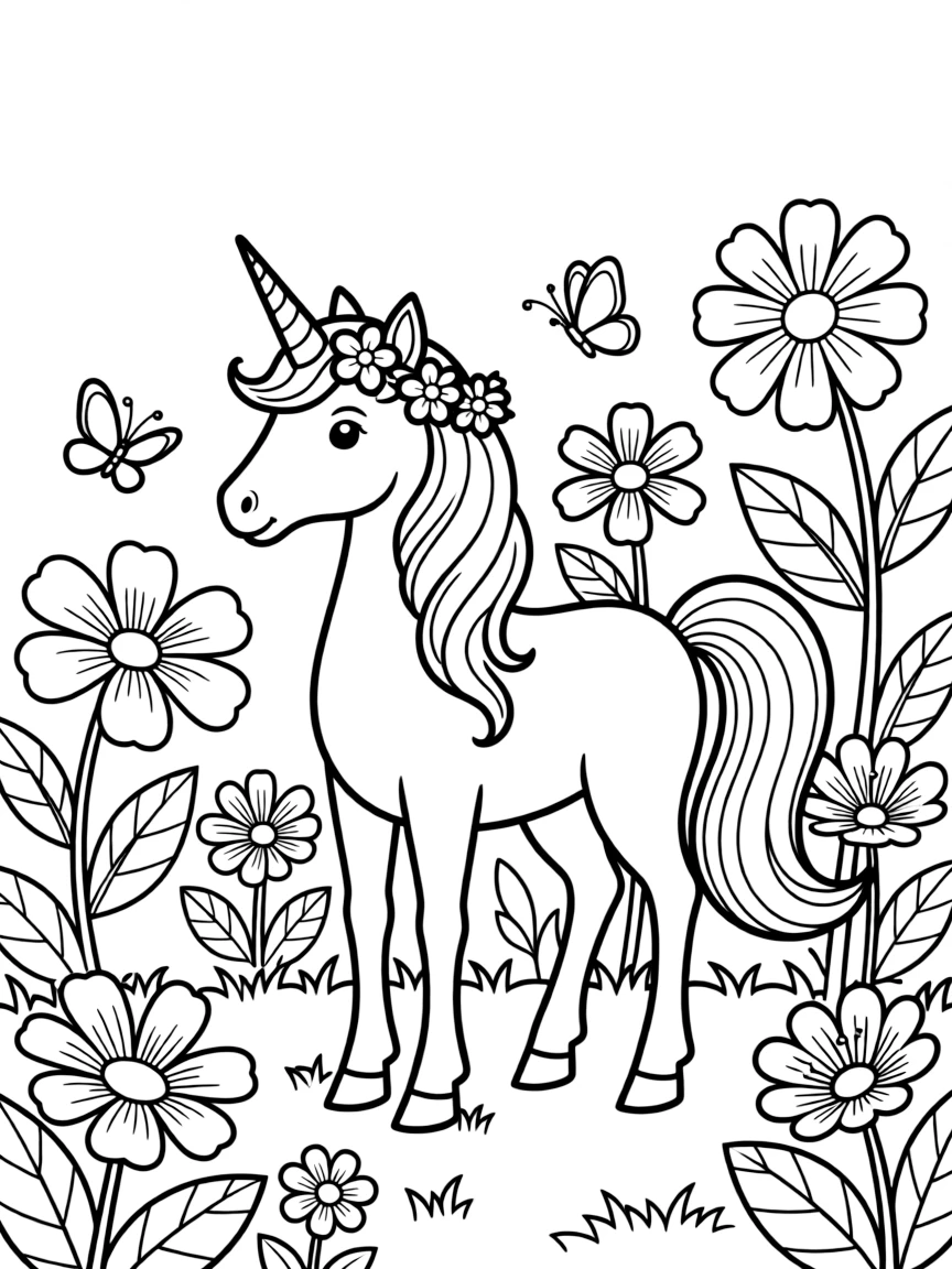 Unicorn in a flower garden
