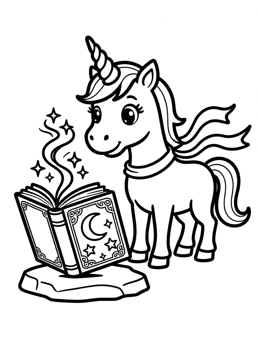 Unicorn reading a magical book