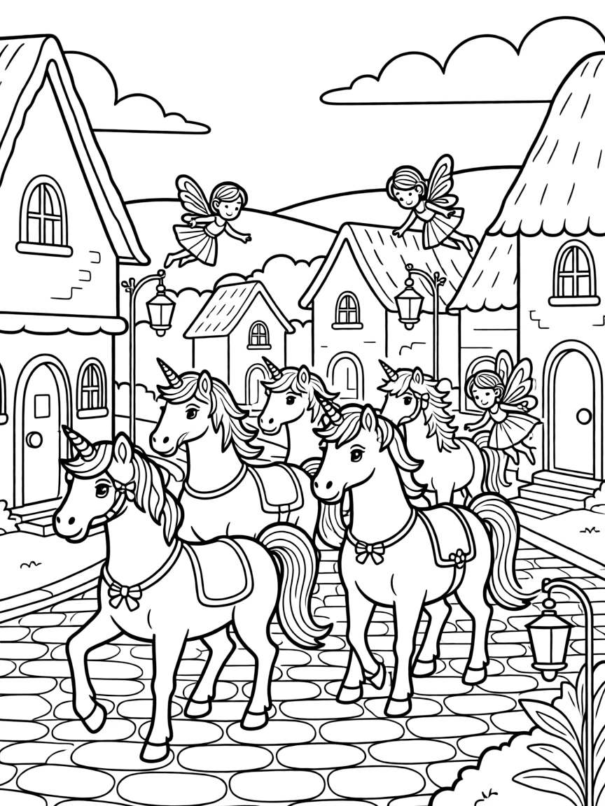 Unicorn parade through a fairy town