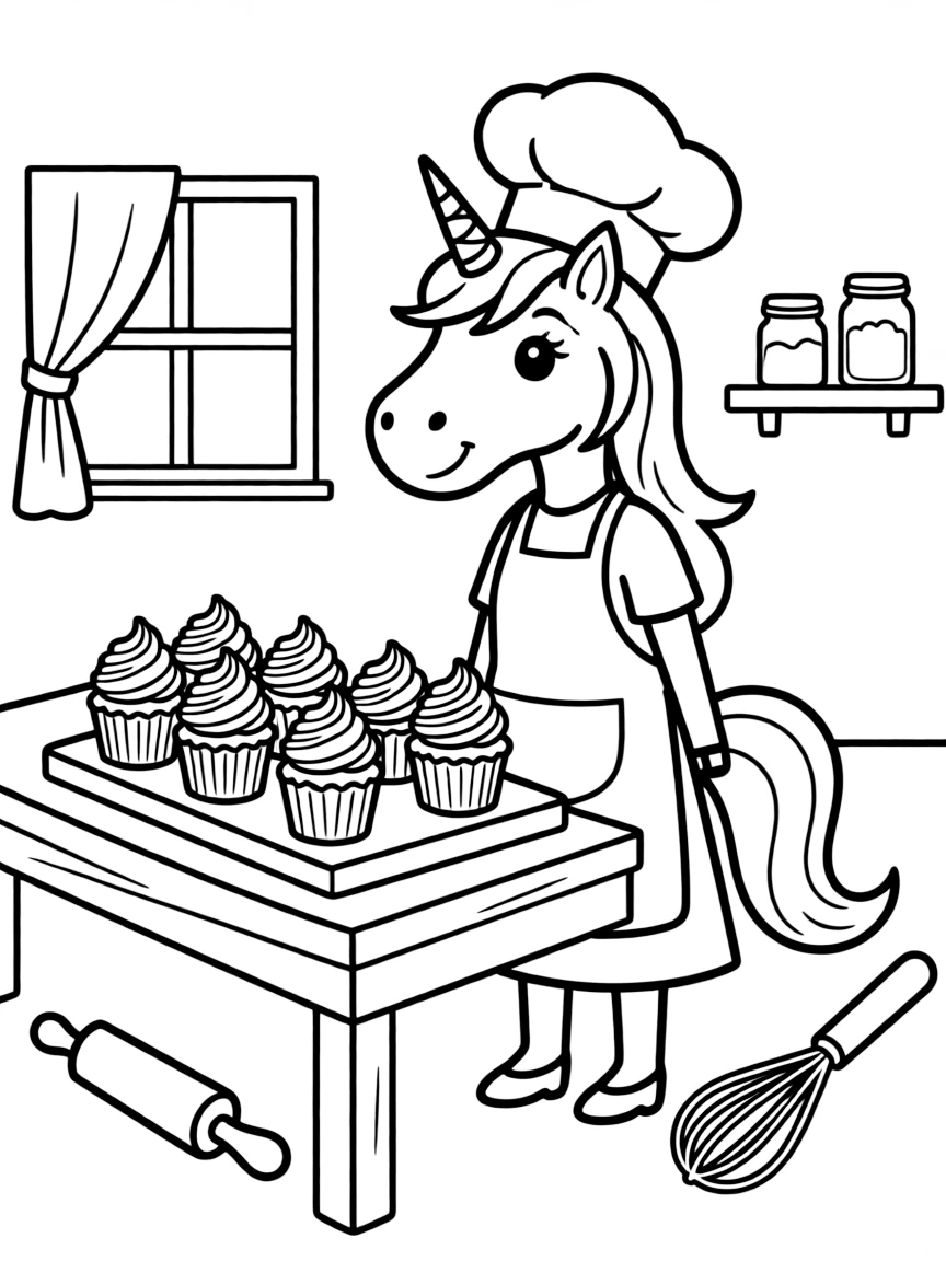 Unicorn baker making rainbow cupcakes