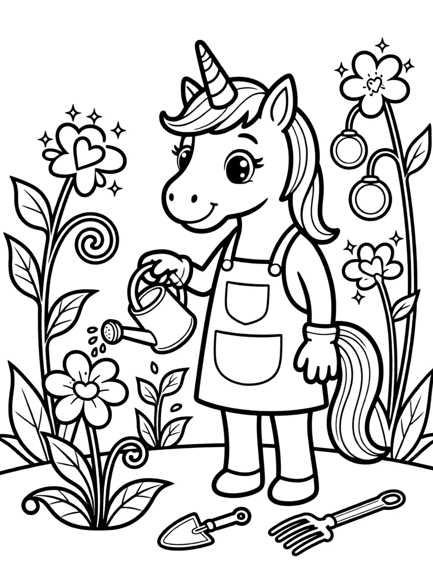 Unicorn gardener tending magical plants