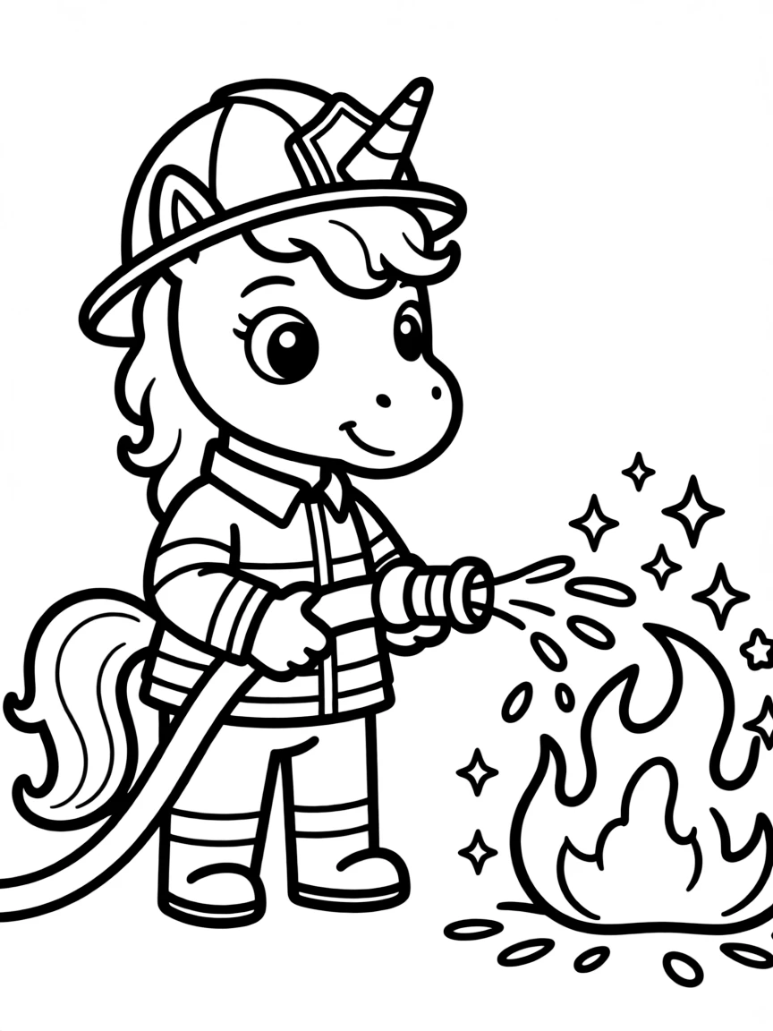 Unicorn firefighter putting out sparkly fires