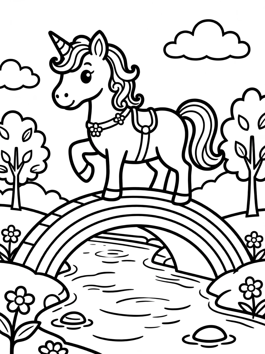 Unicorn crossing a rainbow bridge