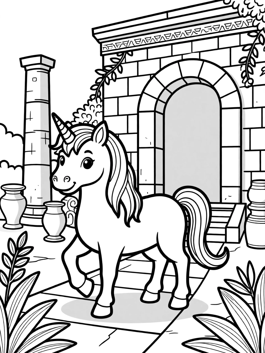 Unicorn exploring an ancient temple