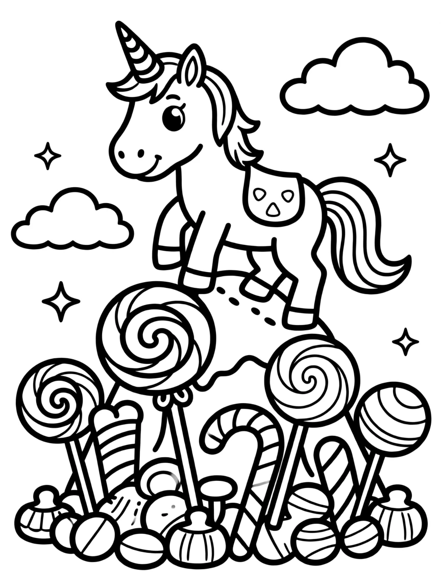 Unicorn climbing a candy mountain