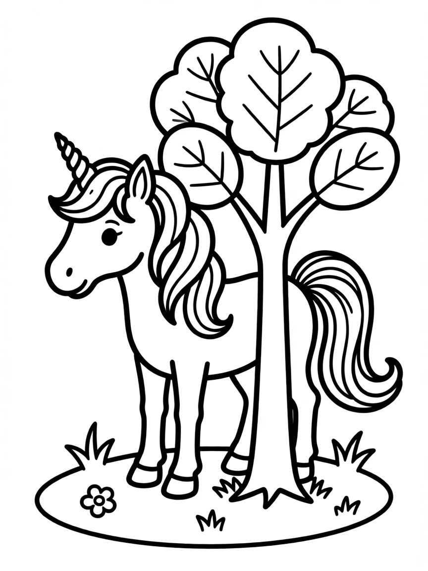 Unicorn trying to hide behind a small tree