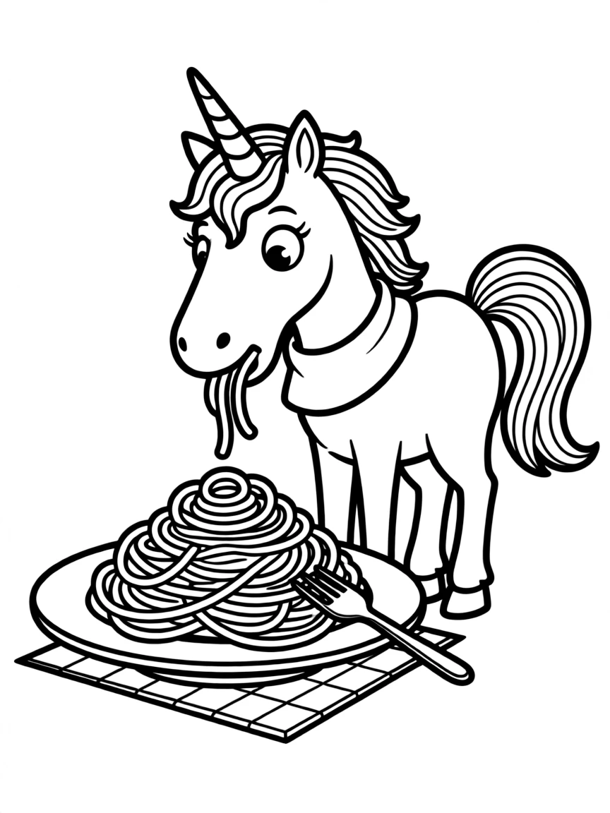 Unicorn trying to eat spaghetti